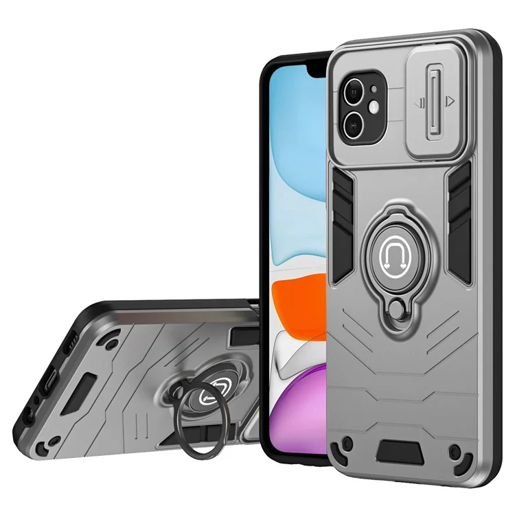 Für iPhone 11 Hülle PC+TPU Kickstand Handyhüllen mit Schiebe-Linsenabdeckung - Grau