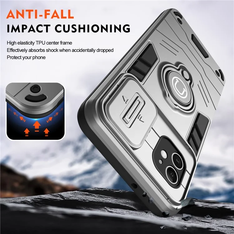 Für iPhone 11 Hülle PC+TPU Kickstand Handyhüllen mit Schiebe-Linsenabdeckung - Grau