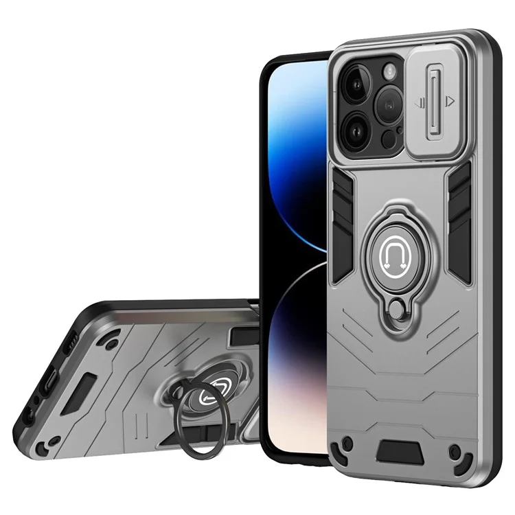Für iPhone 14 Pro Case Kameroschutz PC+TPU Handyhülle mit Ringhalter - Grau