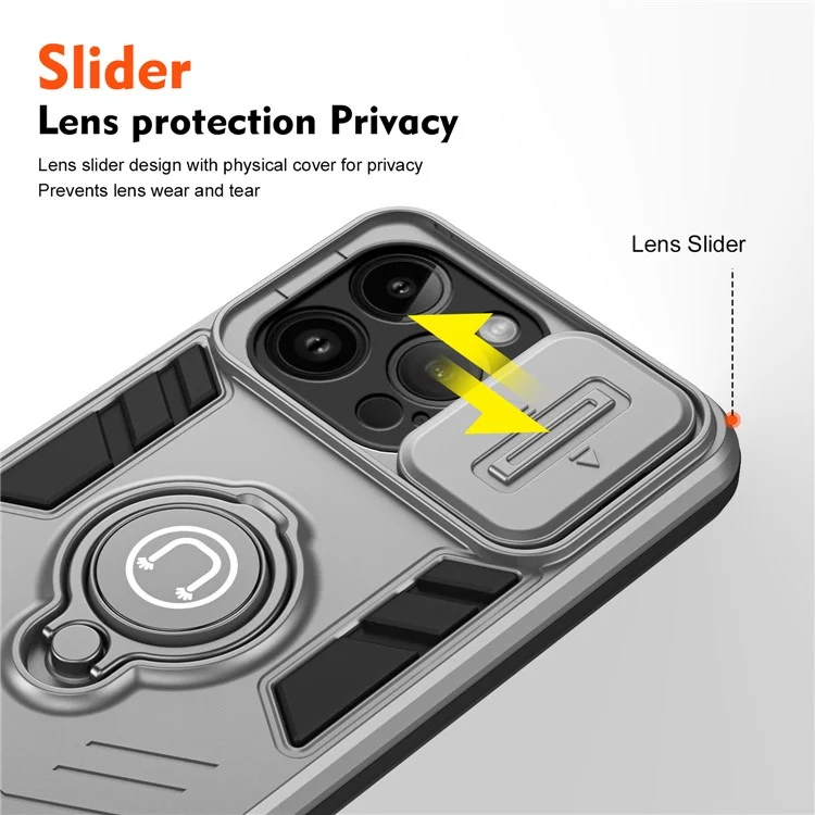 Für iPhone 14 Pro Case Kameroschutz PC+TPU Handyhülle mit Ringhalter - Grau