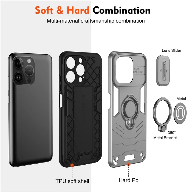 Für iPhone 14 Pro Case Kameroschutz PC+TPU Handyhülle mit Ringhalter - Grau