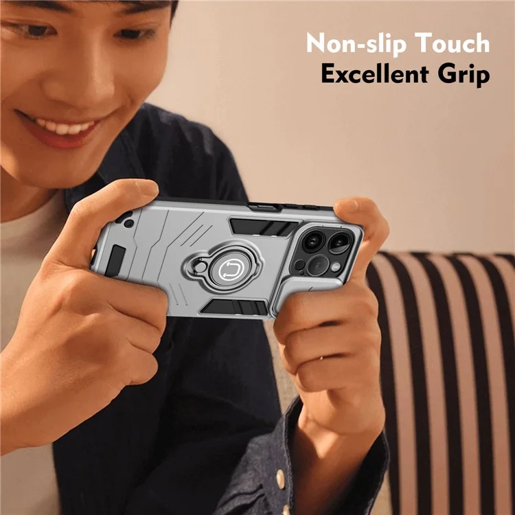 Für iPhone 14 Pro Case Kameroschutz PC+TPU Handyhülle mit Ringhalter - Grau