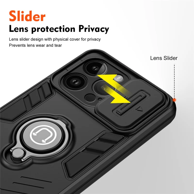 For iPhone 14 Pro Max Case Kickstand PC+TPU Hybrid Phone Cover with Slide Lens Shield -  Black