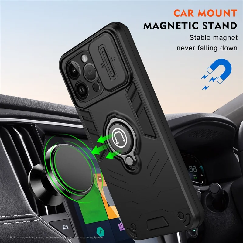 For iPhone 14 Pro Max Case Kickstand PC+TPU Hybrid Phone Cover with Slide Lens Shield -  Black