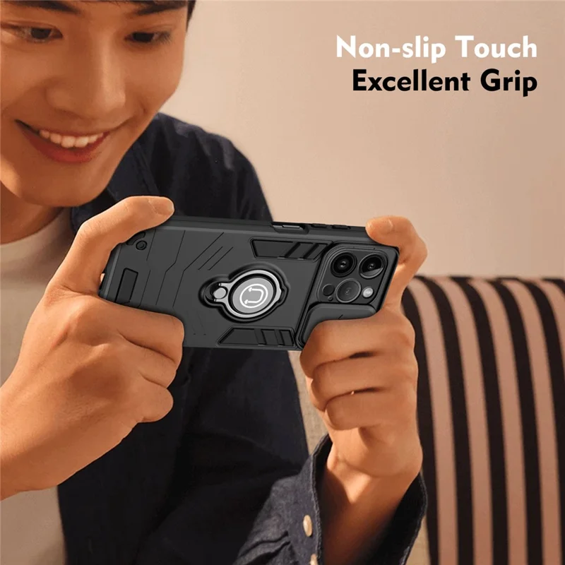 For iPhone 14 Pro Max Case Kickstand PC+TPU Hybrid Phone Cover with Slide Lens Shield -  Black