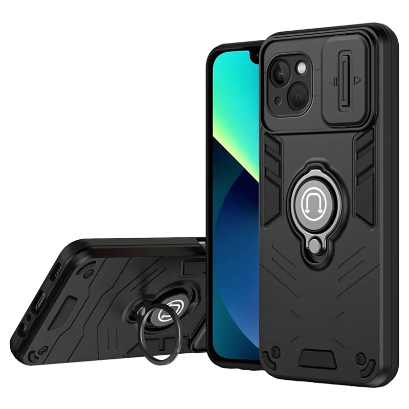 For iPhone 13 Kickstand Case PC+TPU Phone Protector with Slide Lens Cover - Black