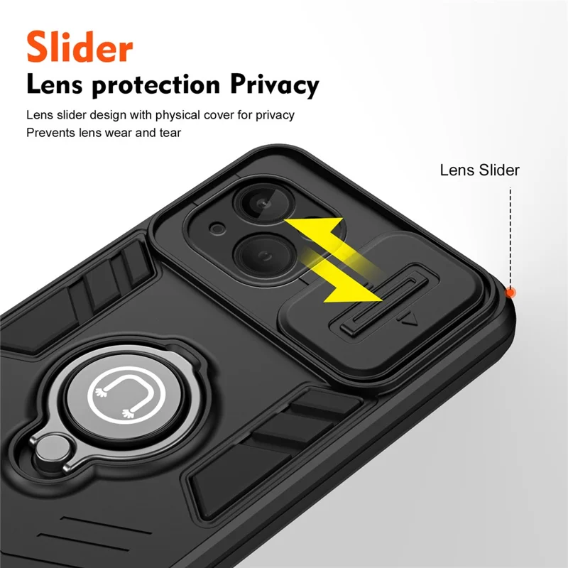 For iPhone 13 Kickstand Case PC+TPU Phone Protector with Slide Lens Cover - Black