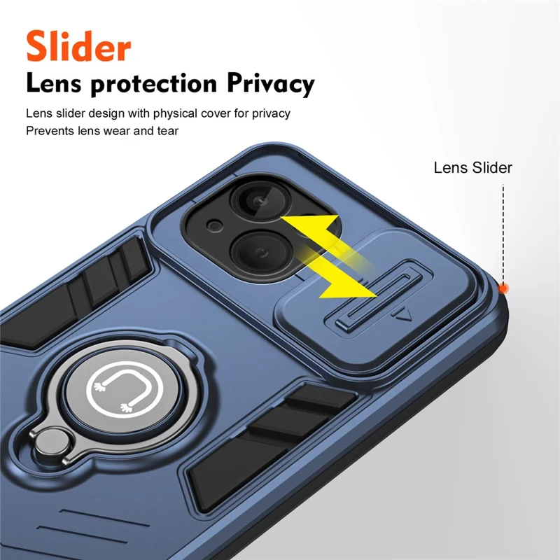 For iPhone 13 Kickstand Case PC+TPU Phone Protector with Slide Lens Cover - Blue