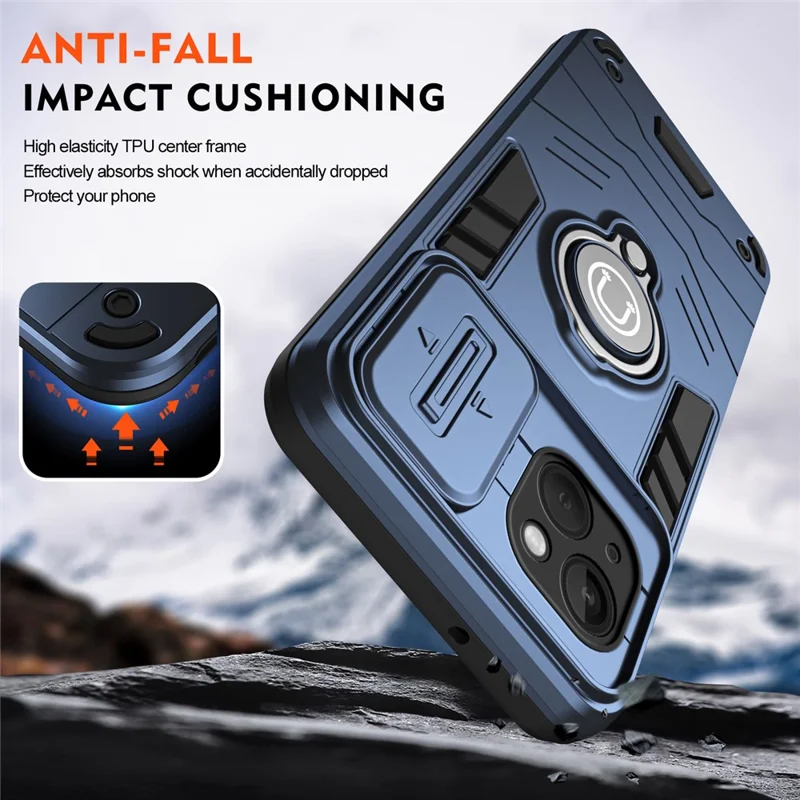 For iPhone 13 Kickstand Case PC+TPU Phone Protector with Slide Lens Cover - Blue