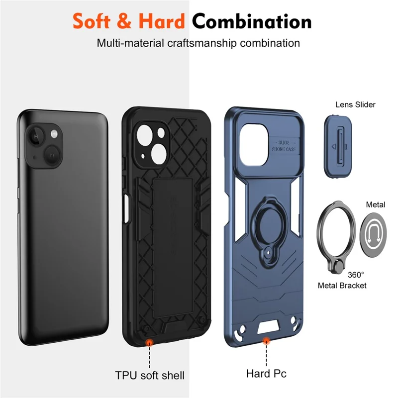 For iPhone 13 Kickstand Case PC+TPU Phone Protector with Slide Lens Cover - Blue
