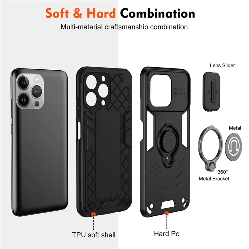 For iPhone 13 Pro Case Ring Kickstand PC+TPU Phone Cover with Slide Lens Guard - Black