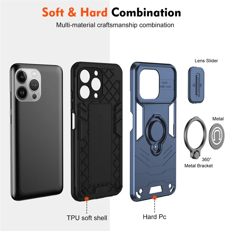 For iPhone 13 Pro Case Ring Kickstand PC+TPU Phone Cover with Slide Lens Guard - Blue