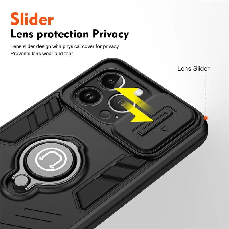 For iPhone 13 Pro Max Kickstand Case PC+TPU Phone Shell with Slide Lens Cover - Black