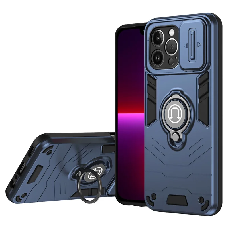 Funda con soporte para iPhone 13 Pro Max, de PC+TPU, con cubierta para la lente - Azul