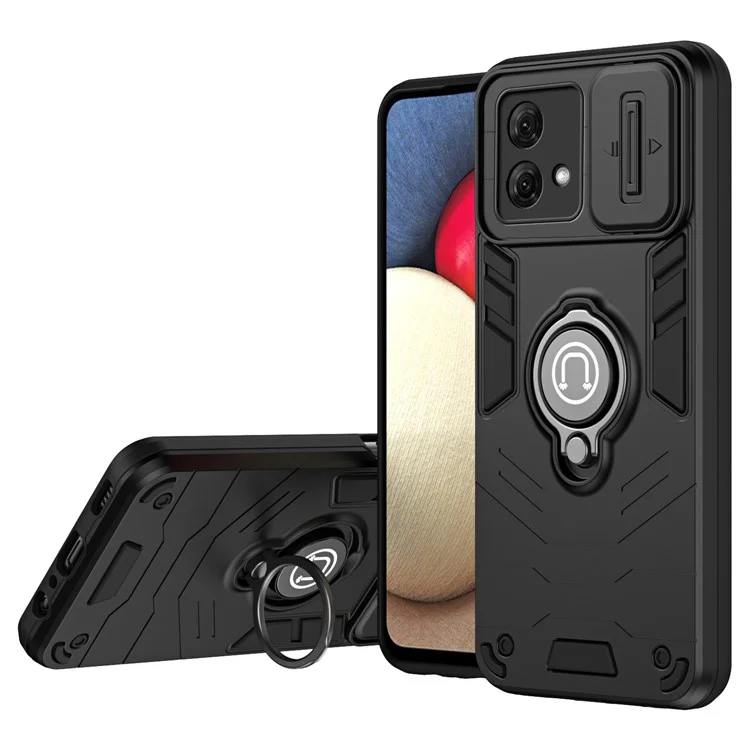 Para Motorola Moto G84 5G Case Ring Kickstand PC+TPU Protetor de Telefone com Tampa da Câmera Deslizante - Preto