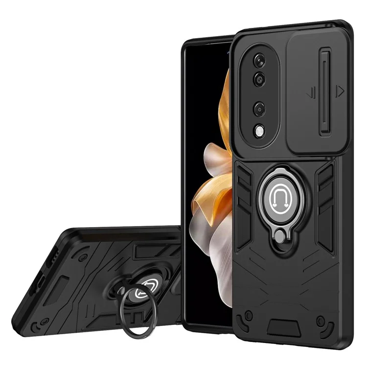 For Honor X7b 4G / 90 Smart Case Lens Shield Kickstand PC+TPU Phone Cover - Noir