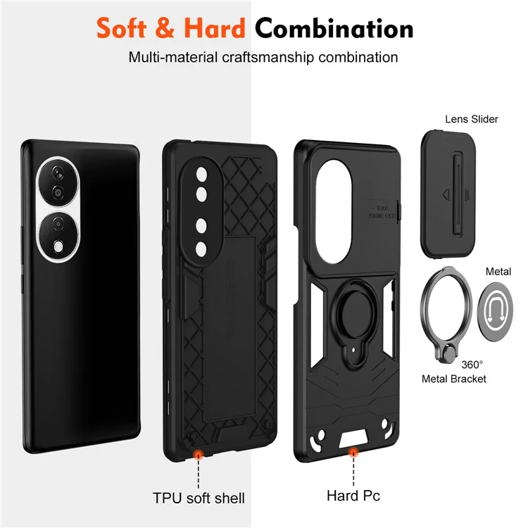 For Honor X7b 4G / 90 Smart Case Lens Shield Kickstand PC+TPU Phone Cover - Noir