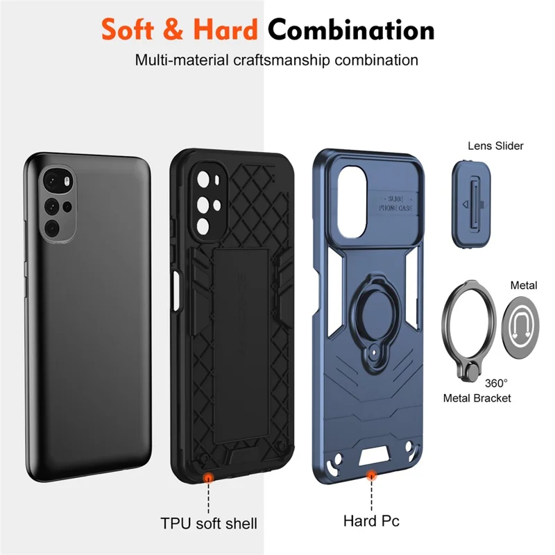 For Motorola Moto G22 Case with Slide Camera Cover PC+TPU Phone Back Shell - Blue