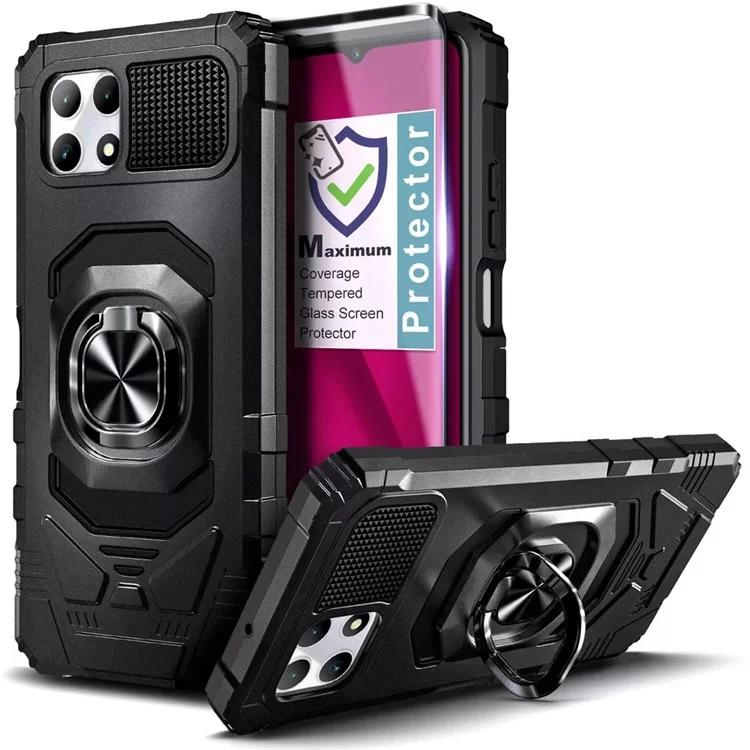 Para T-Mobile REVVL 7 Funda Carcasa PC+TPU Anillo Giratorio Soporte Teléfono Armor Cover - Negro