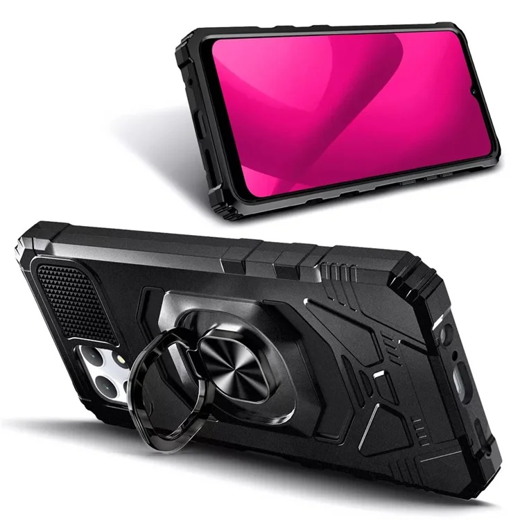 Para T-Mobile REVVL 7 Funda Carcasa PC+TPU Anillo Giratorio Soporte Teléfono Armor Cover - Negro