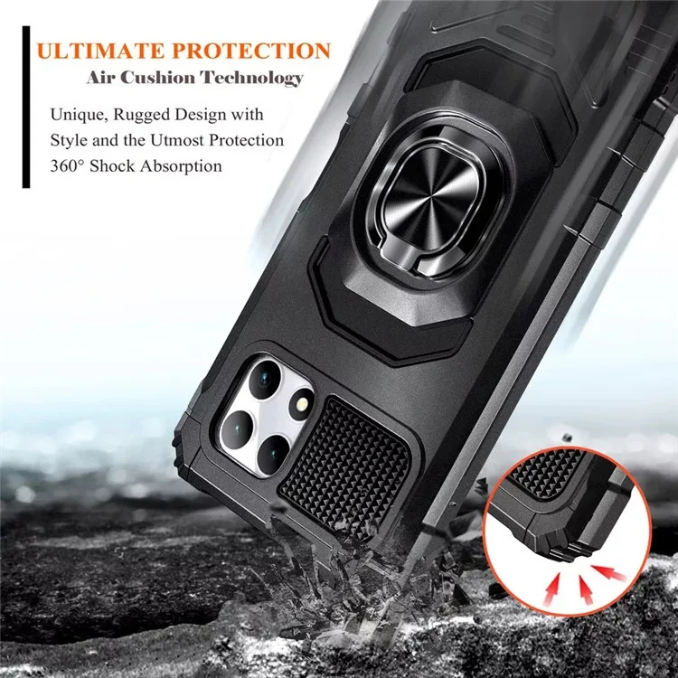 Para T-Mobile REVVL 7 Funda Carcasa PC+TPU Anillo Giratorio Soporte Teléfono Armor Cover - Negro