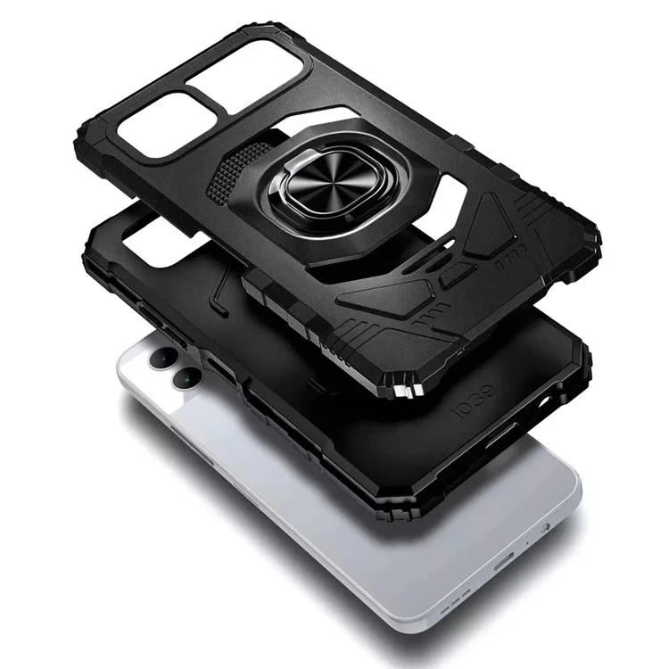 Para T-Mobile REVVL 7 Funda Carcasa PC+TPU Anillo Giratorio Soporte Teléfono Armor Cover - Negro