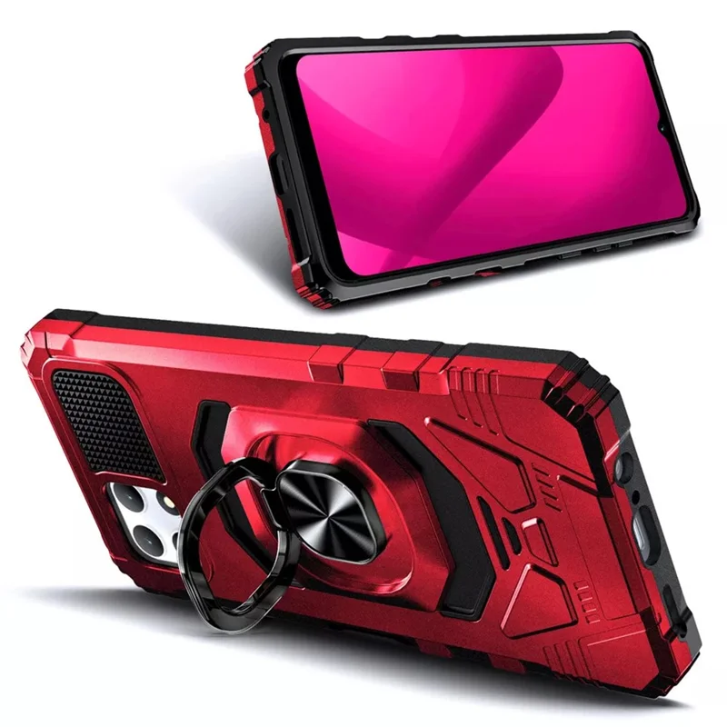 For T-Mobile REVVL 7 Case PC+TPU Rotary Ring Kickstand Phone Armor Cover - Red