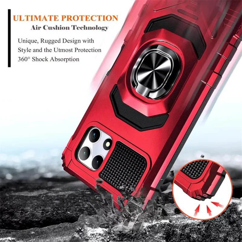 For T-Mobile REVVL 7 Case PC+TPU Rotary Ring Kickstand Phone Armor Cover - Red