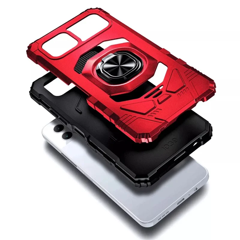 For T-Mobile REVVL 7 Case PC+TPU Rotary Ring Kickstand Phone Armor Cover - Red