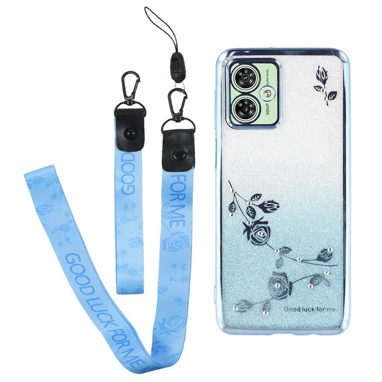 KADEM For Motorola Moto G54 5G / G64 5G TPU Case Rhinestone Flower Phone Cover with Lanyard - Blue
