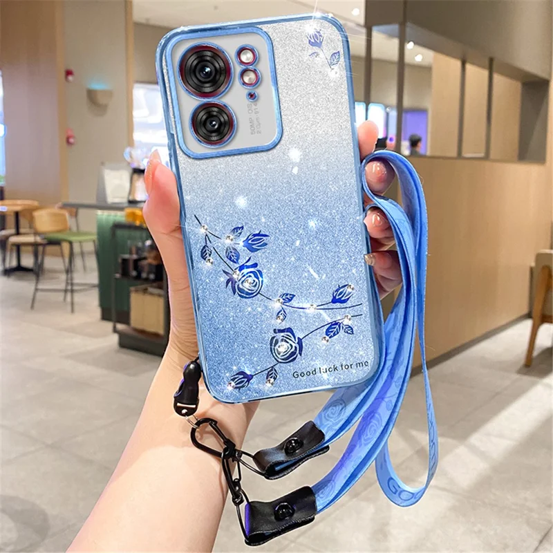 KADEM Pour Motorola Edge 40 5G Étui avec Fleurs en Strass et Dragonne en TPU - Bleu