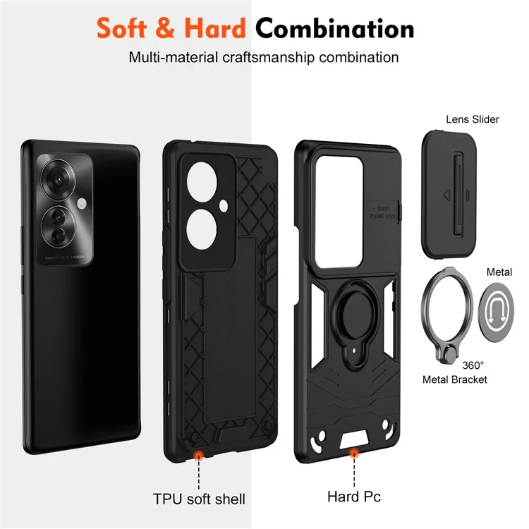 Suporte de Anel Kickstand Capa de Telefone para Oppo Reno11 F 5G / F25 Pro 5G Capa Slide Lens Lid Phone - Preto