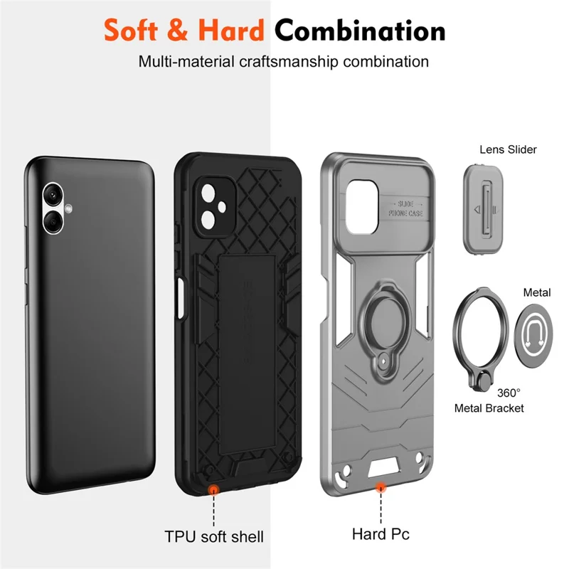 Für Samsung Galaxy A05 4G-Hülle Schiebe-Kameradeckel PC+TPU-Handyhülle mit Ring-Ständer - Grau
