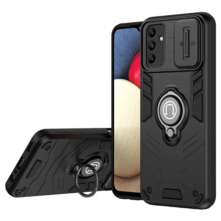 Pour étui pour téléphone Samsung Galaxy A05s 4G Couvercle coulissant de l'objectif Anti-chute Étui de protection avec support anneau - Noir