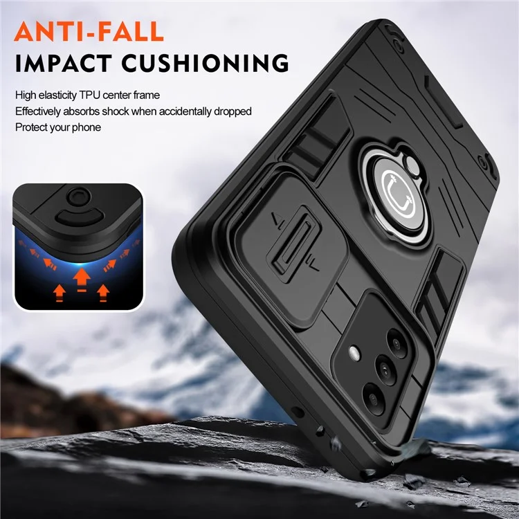 Pour étui pour téléphone Samsung Galaxy A05s 4G Couvercle coulissant de l'objectif Anti-chute Étui de protection avec support anneau - Noir