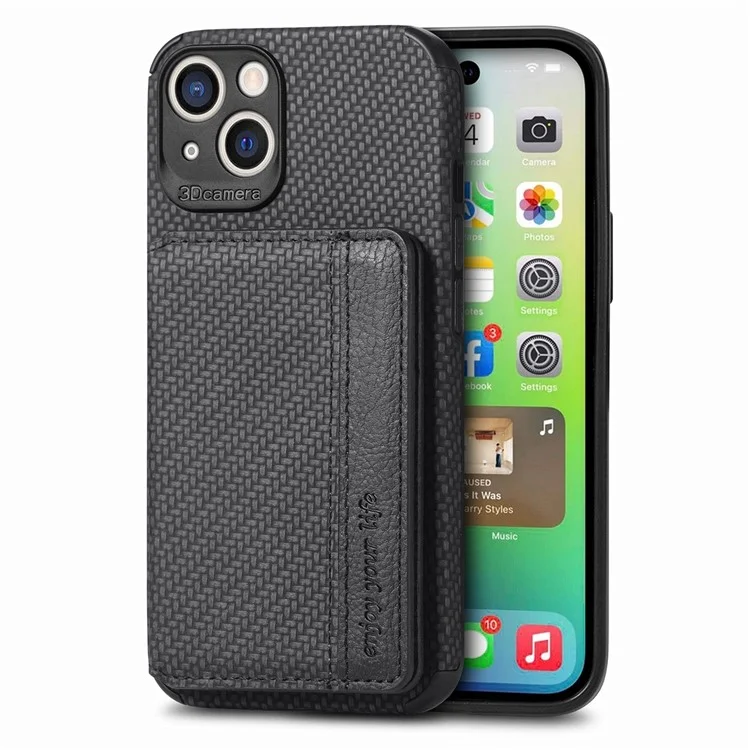 For iPhone 14 6.1 inch Anti-fall Carbon Fiber Texture RFID Blocking Phone Case Leather Coated TPU Anti-scratch Magnetic Wallet Cover Kickstand - Black