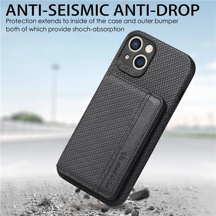 For iPhone 14 6.1 inch Anti-fall Carbon Fiber Texture RFID Blocking Phone Case Leather Coated TPU Anti-scratch Magnetic Wallet Cover Kickstand - Black
