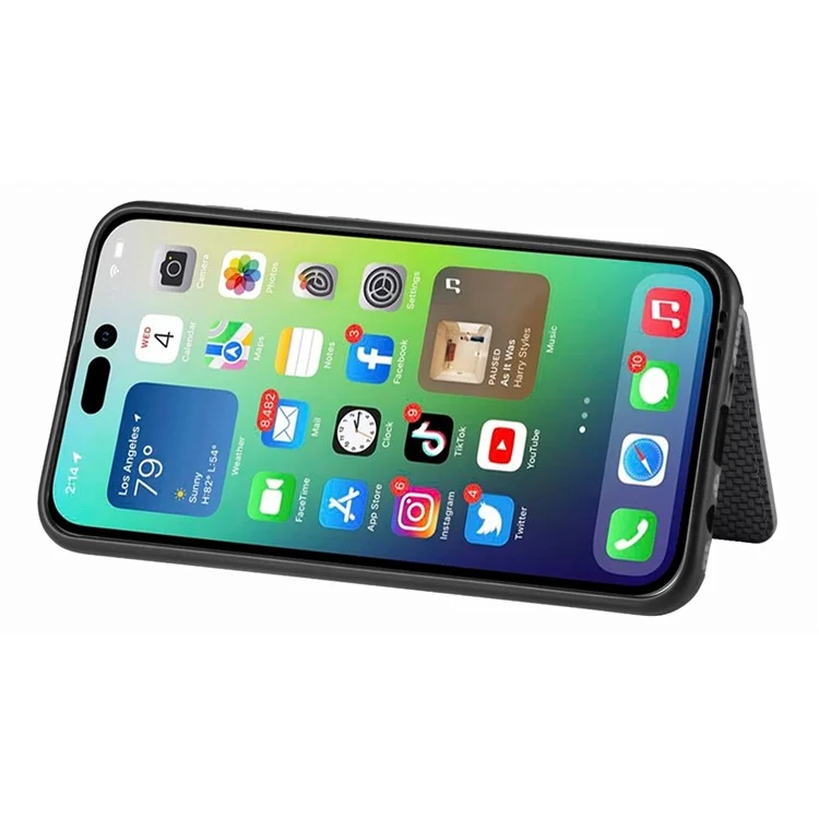 For iPhone 14 6.1 inch Anti-fall Carbon Fiber Texture RFID Blocking Phone Case Leather Coated TPU Anti-scratch Magnetic Wallet Cover Kickstand - Black