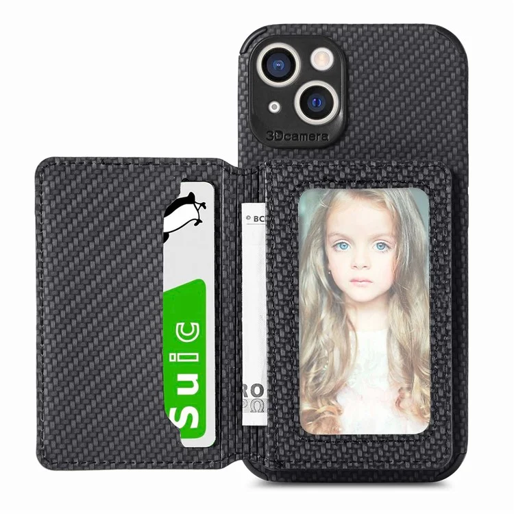 For iPhone 14 6.1 inch Anti-fall Carbon Fiber Texture RFID Blocking Phone Case Leather Coated TPU Anti-scratch Magnetic Wallet Cover Kickstand - Black