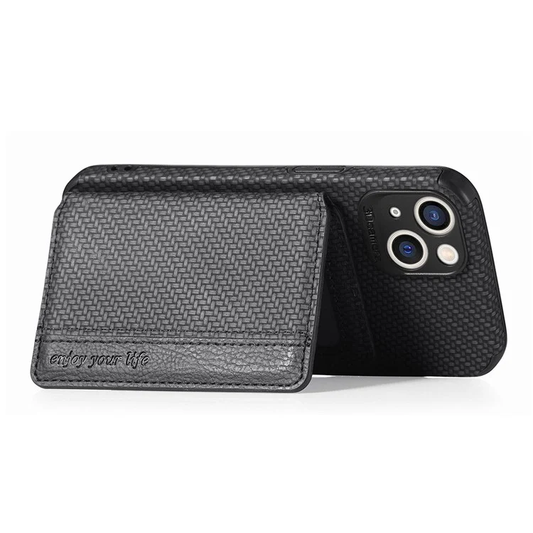 For iPhone 14 6.1 inch Anti-fall Carbon Fiber Texture RFID Blocking Phone Case Leather Coated TPU Anti-scratch Magnetic Wallet Cover Kickstand - Black