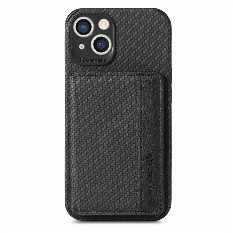 For iPhone 14 6.1 inch Anti-fall Carbon Fiber Texture RFID Blocking Phone Case Leather Coated TPU Anti-scratch Magnetic Wallet Cover Kickstand - Black