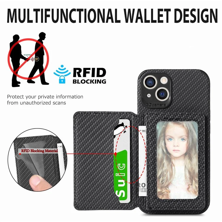 For iPhone 14 6.1 inch Anti-fall Carbon Fiber Texture RFID Blocking Phone Case Leather Coated TPU Anti-scratch Magnetic Wallet Cover Kickstand - Black