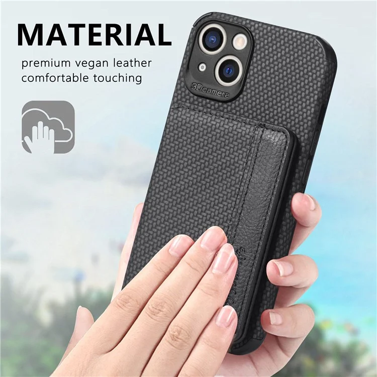 For iPhone 14 6.1 inch Anti-fall Carbon Fiber Texture RFID Blocking Phone Case Leather Coated TPU Anti-scratch Magnetic Wallet Cover Kickstand - Black
