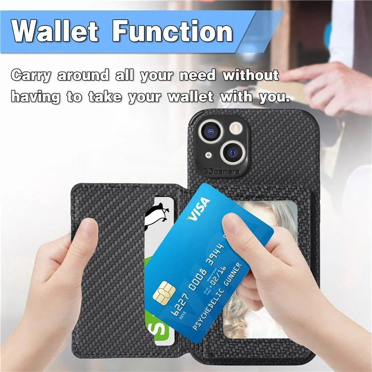 For iPhone 14 6.1 inch Anti-fall Carbon Fiber Texture RFID Blocking Phone Case Leather Coated TPU Anti-scratch Magnetic Wallet Cover Kickstand - Black