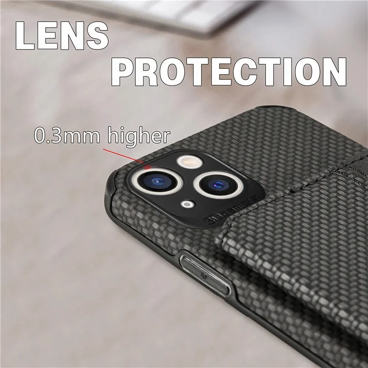 For iPhone 14 6.1 inch Anti-fall Carbon Fiber Texture RFID Blocking Phone Case Leather Coated TPU Anti-scratch Magnetic Wallet Cover Kickstand - Black