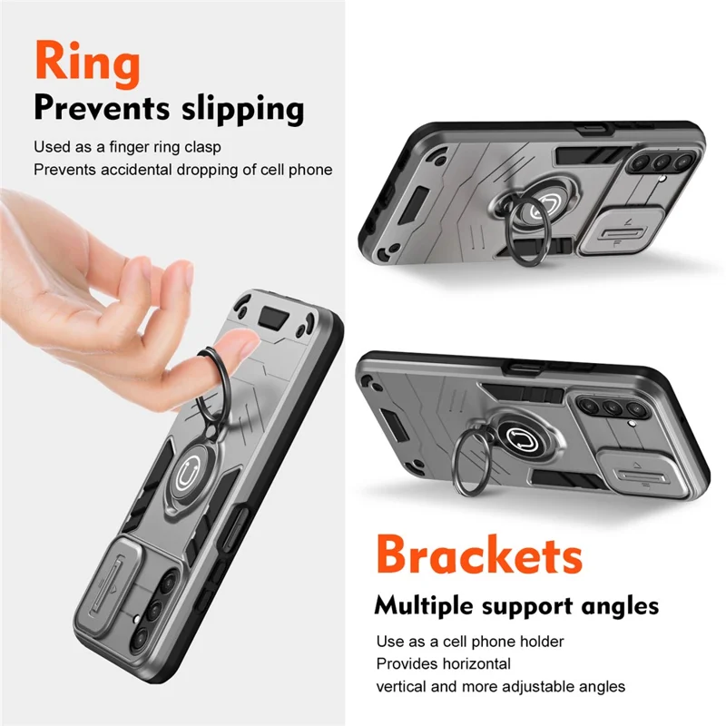 For Samsung Galaxy S23 FE Case Slide Camera Lid PC+TPU Ring Kickstand Phone Cover - Grey