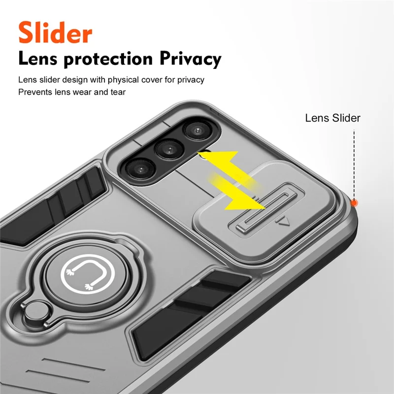 For Samsung Galaxy S23 FE Case Slide Camera Lid PC+TPU Ring Kickstand Phone Cover - Grey