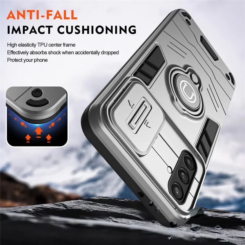 For Samsung Galaxy S23 FE Case Slide Camera Lid PC+TPU Ring Kickstand Phone Cover - Grey