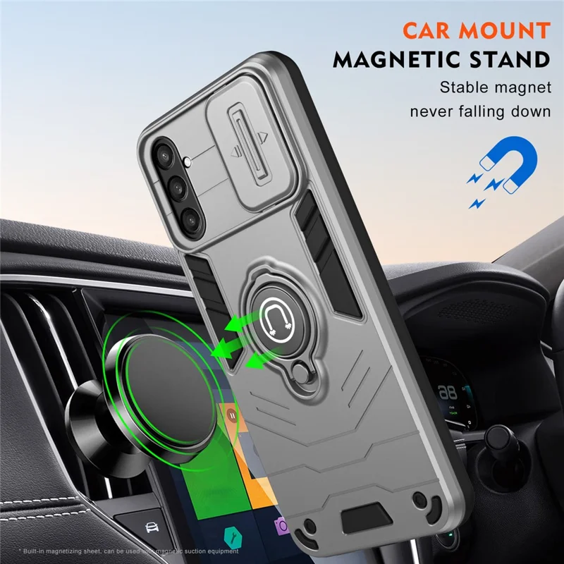 For Samsung Galaxy S23 FE Case Slide Camera Lid PC+TPU Ring Kickstand Phone Cover - Grey