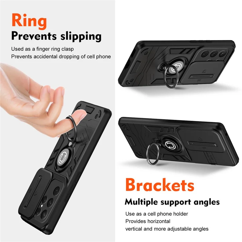 For Samsung Galaxy S24 Ultra Phone Case Slide Lens Lid Anti-Fall Phone Cover with Ring Kickstand - Black